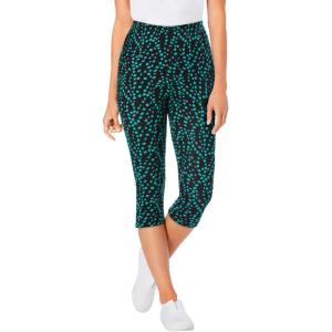 Woman Within Plus Size Stretch-Cotton Knit Pull-On Printed Capri Leggings(Waterfall Dots)