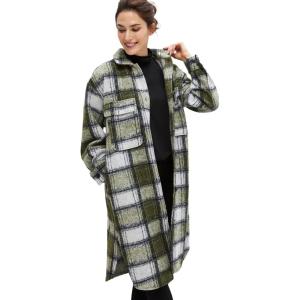 ellos Women’s Plus Size Wool Blend Long Shirt Jacket Oversized Shacket(Deep Olive Plaid)