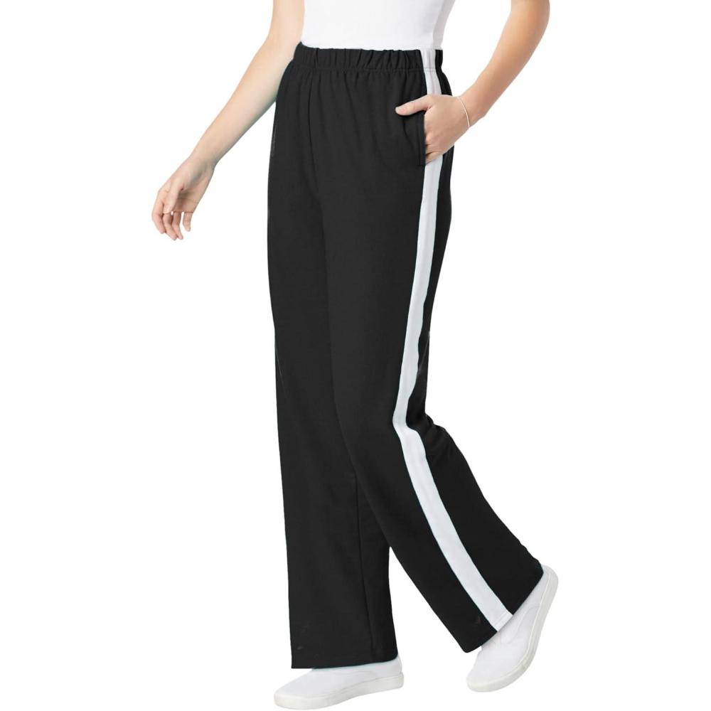 imageWoman Within Plus Size Cotton French Terry StraightLeg PullOn SideStripe PantsBlack White