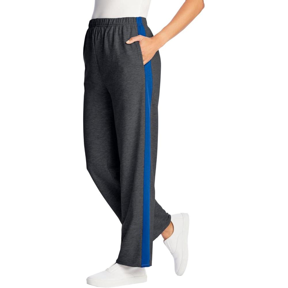 imageWoman Within Plus Size Cotton French Terry StraightLeg PullOn SideStripe PantsHeather Charcoal Bright Cobalt
