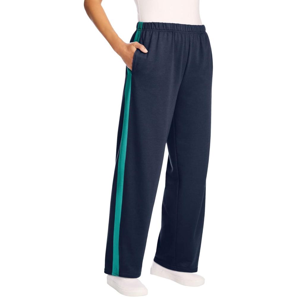 imageWoman Within Plus Size Cotton French Terry StraightLeg PullOn SideStripe PantsNavy Waterfall