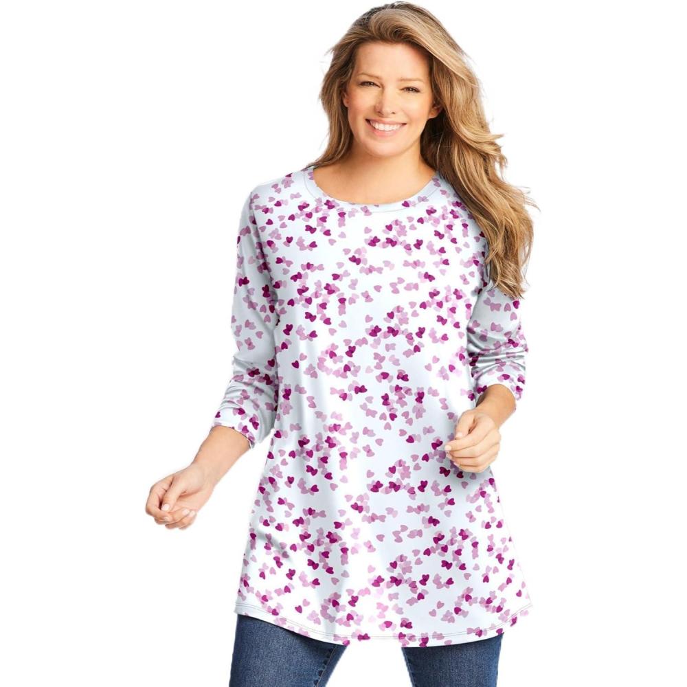 imageWoman Within Plus Size Perfect Printed LongSleeve Crewneck TunicNavy Floral Tie Dye