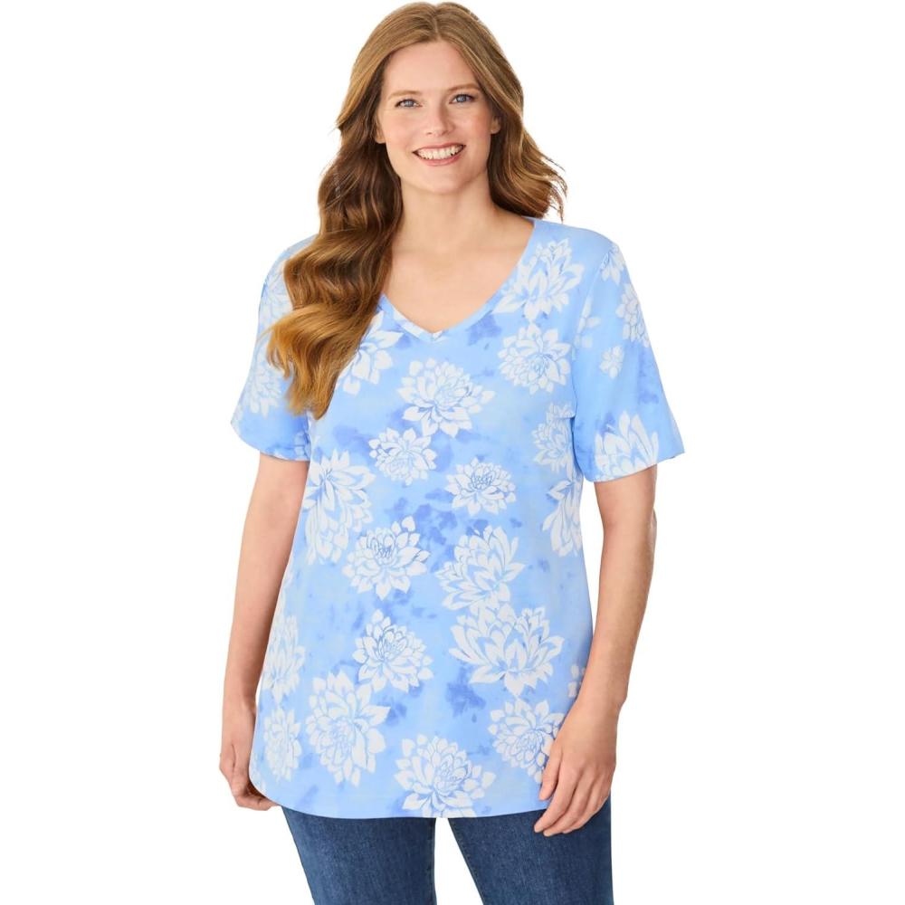 imageWoman Within Plus Size Perfect Printed ShortSleeve VNeck TeeFrench Blue Soft Lotus