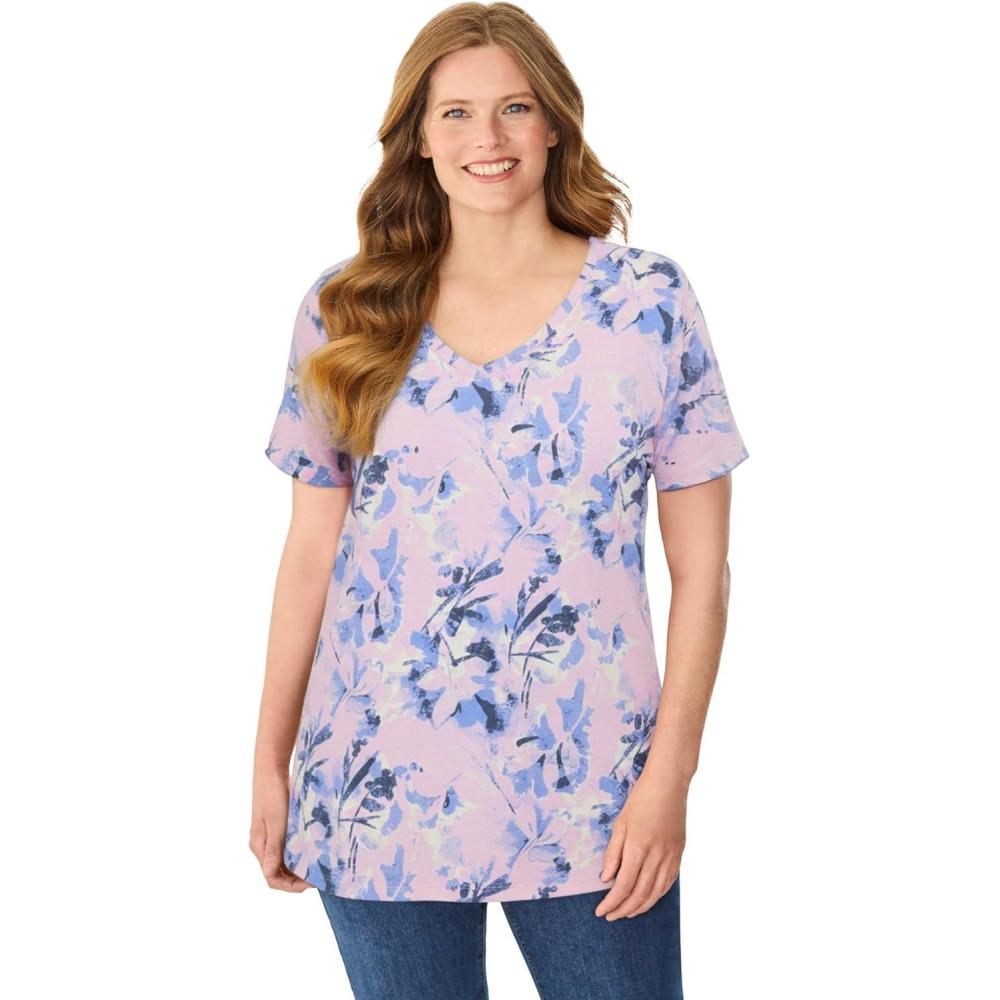 imageWoman Within Plus Size Perfect Printed ShortSleeve VNeck TeePink Stamp Botanical
