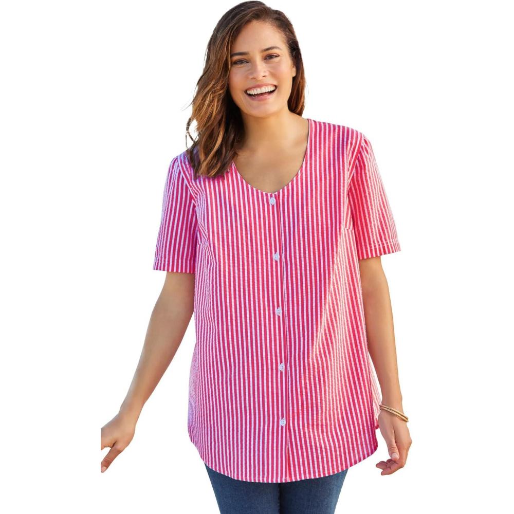 imageWoman Within Plus Size Seersucker Baseball ShirtRaspberry Sorbet Pop Stripe
