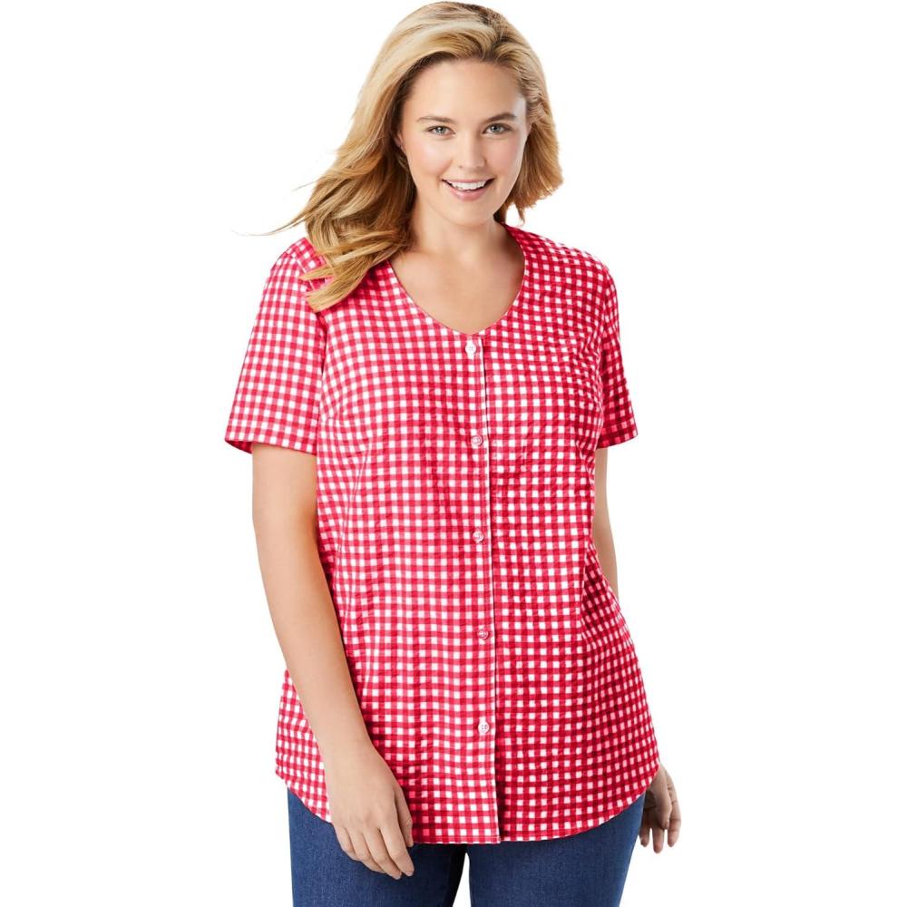imageWoman Within Plus Size Seersucker Baseball ShirtVivid Red Gingham