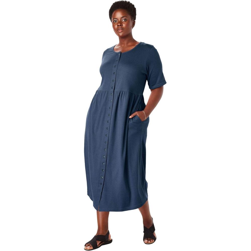 imageWoman Within Plus Size ShortSleeve ButtonFront Pocket Dress Petite Available  7X Navy