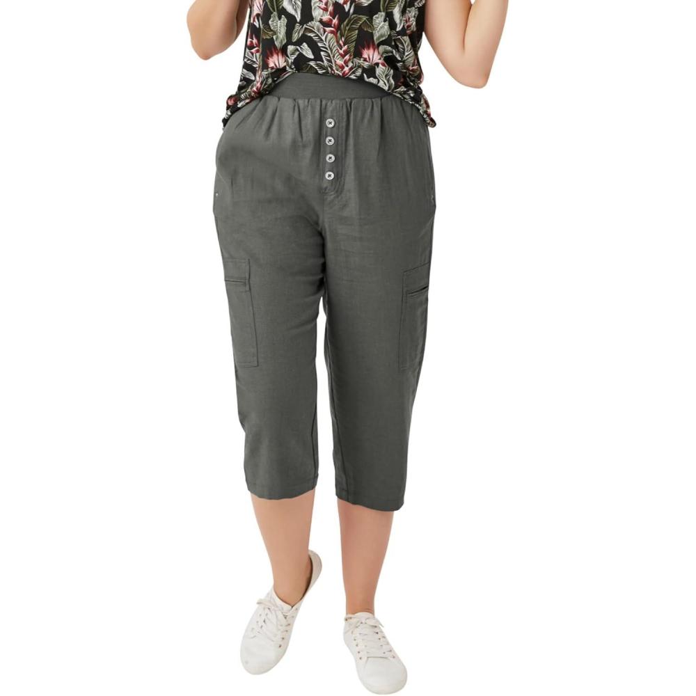 imageellos Plus Size Ribbed Elastic Waist LinenBlend CaprisOlive Grey