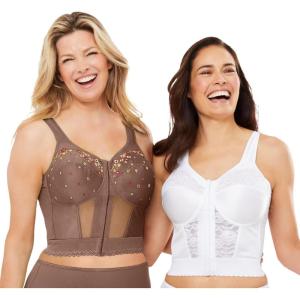 Comfort Choice Women’s Plus Size Embroidered Front-Close Longline Posture Bra(Mocha Nude Embroidery)