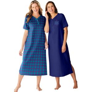 Dreams & Co. Plus Size 2-Pack Long Henley Sleepshirt(Dark Turq Plaid)