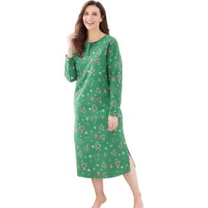 Dreams & Co. Plus Size Long-Sleeve Henley Print Sleepshirt(Emerald Candy Cane)