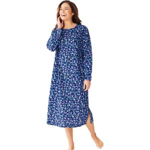 Dreams & Co. Plus Size Long-Sleeve Henley Print Sleepshirt(Evening Blue Flowers)
