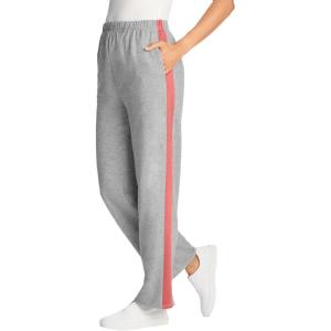 Woman Within Plus Size Cotton French Terry Straight-Leg Pull-On Side-Stripe Pants(Medium Heather Grey Sweet Coral)