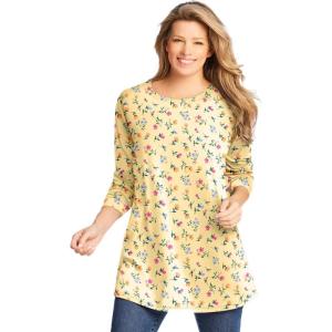 Woman Within Plus Size Perfect Printed Long-Sleeve Crewneck Tunic(Banana Tulip Flowers)