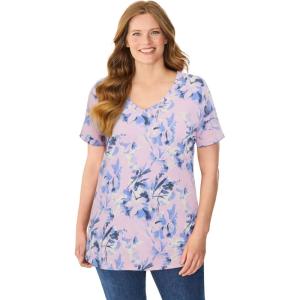 Woman Within Plus Size Perfect Printed Short-Sleeve V-Neck Tee(Pink Stamp Botanical)