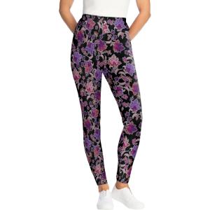 Woman Within Plus Size Petite Stretch Cotton Cozy Legging(Black Violet Lace)