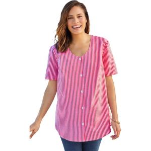 Woman Within Plus Size Seersucker Baseball Shirt(Raspberry Sorbet Pop Stripe)