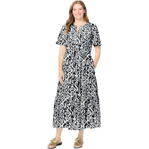 Woman Within Plus Size Tiered Midi Dress(Black White Island Batik)