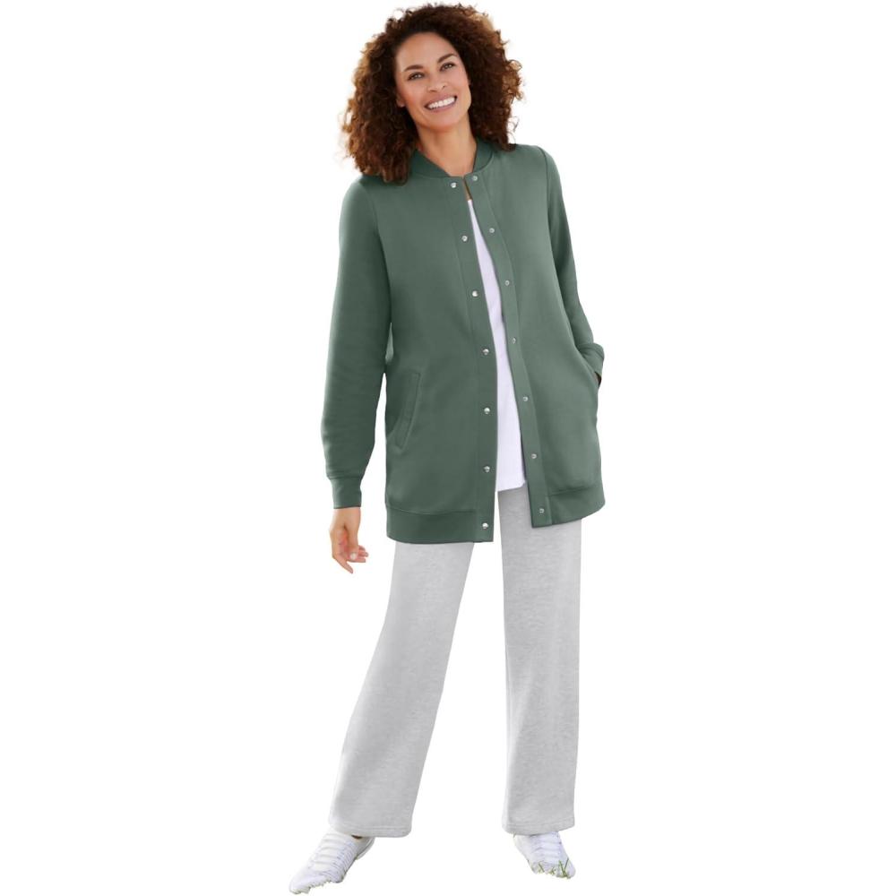 imageWoman Within Plus Size Fleece Baseball Jacket Long Oversized Fleece CoatPine