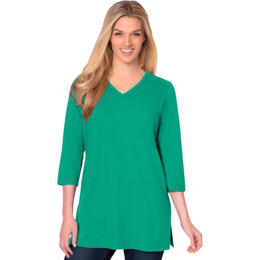 imageWoman Within Plus Size Perfect ThreeQuarter Sleeve VNeck TunicTropical Emerald