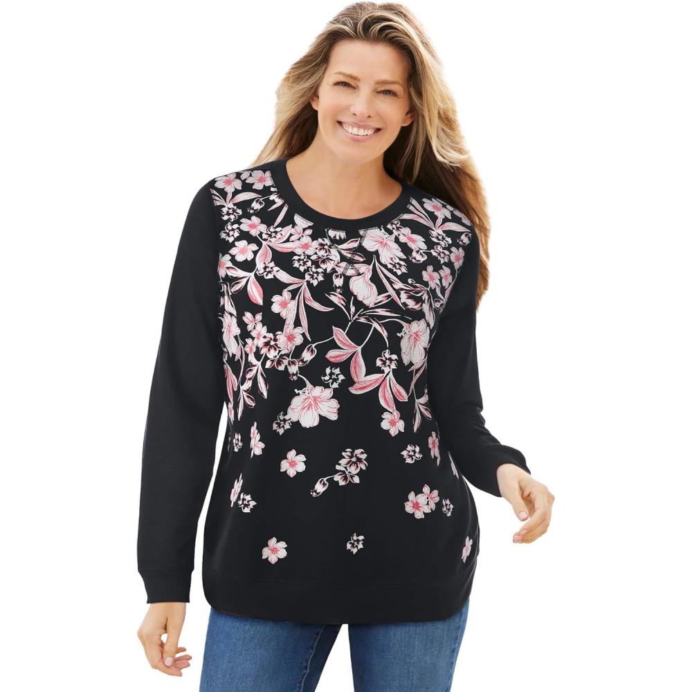 imageWoman Within Plus Size Printed SweatshirtBlack Pink Floral Placement
