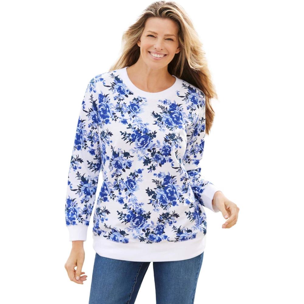 imageWoman Within Plus Size Printed SweatshirtFrench Blue Pretty Rose