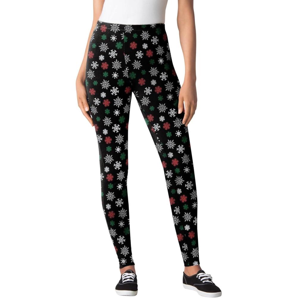 imageWoman Within Plus Size StretchCotton Knit PullOn Printed LeggingsBlack Festive Snowflakes