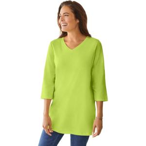 Woman Within Plus Size Perfect Three-Quarter Sleeve V-Neck Tunic(Lime)