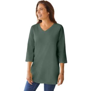 Woman Within Plus Size Perfect Three-Quarter Sleeve V-Neck Tunic(Pine)