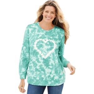 Woman Within Plus Size Printed Sweatshirt(Island Aqua Heart Tie Dye)