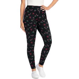 Woman Within Plus Size Stretch-Cotton Knit Pull-On Printed Leggings(Black Mistletoe)
