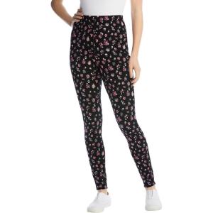 Woman Within Plus Size Stretch-Cotton Knit Pull-On Printed Leggings(Black Pretty Bouquet)