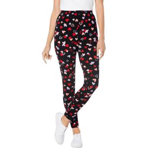 Woman Within Plus Size Stretch-Cotton Knit Pull-On Printed Leggings(Black Tossed Hearts)