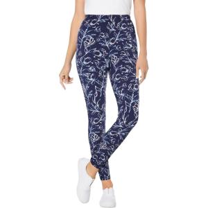 Woman Within Plus Size Stretch-Cotton Knit Pull-On Printed Leggings(Navy Batik Floral)