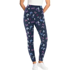 Woman Within Plus Size Stretch-Cotton Knit Pull-On Printed Leggings(Navy Butterflies)