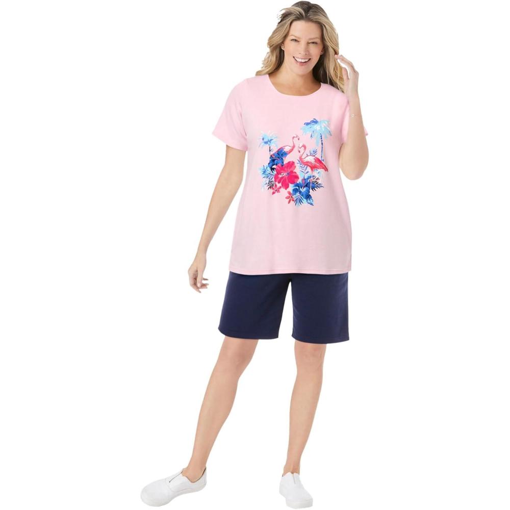 imageWoman Within Plus Size 2Piece Knit Tee and Short SetPink Flamingos