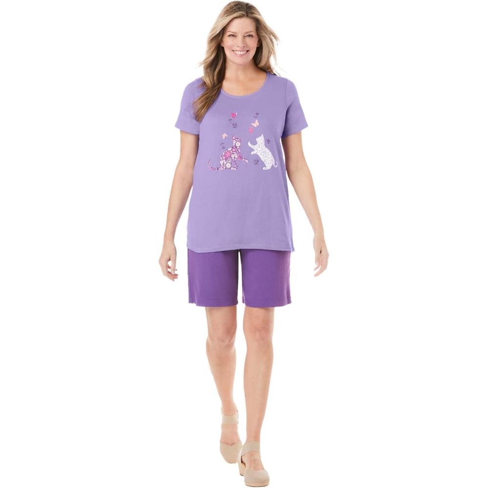 imageWoman Within Plus Size 2Piece Knit Tee and Short SetSoft Iris Cats