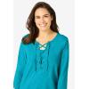 Woman Within Plus Size Lace-Up Three-Quarter Sleeve Tee(Pretty Turquoise)
