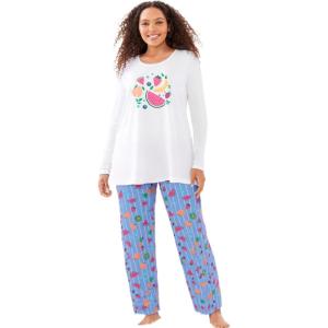 Dreams & Co. Plus Size Long Sleeve Knit PJ Set(Multi Fruit)