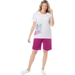 Woman Within Plus Size 2-Piece Knit Tee and Short Set(Raspberry Beach)