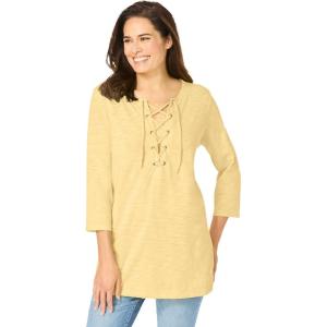 Woman Within Plus Size Lace-Up Three-Quarter Sleeve Tee(Banana)