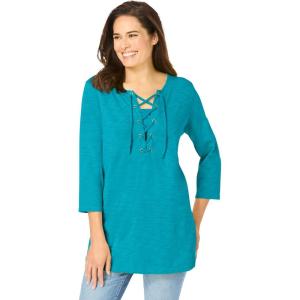 Woman Within Plus Size Lace-Up Three-Quarter Sleeve Tee(Pretty Turquoise)
