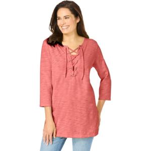 Woman Within Plus Size Lace-Up Three-Quarter Sleeve Tee(Sweet Coral)