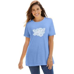 Woman Within Plus Size Marled Cuffed-Sleeve Tee(French Blue Lace Flower)