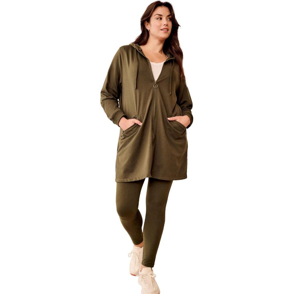 imageellos Womens Plus Size ZipFront Hoodie With Zip Pockets French Terry Long Oversized JacketDeep Olive