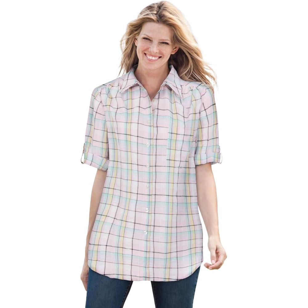 imageWoman Within Plus Size Petite ShortSleeve Button Down Seersucker ShirtPink Plaid