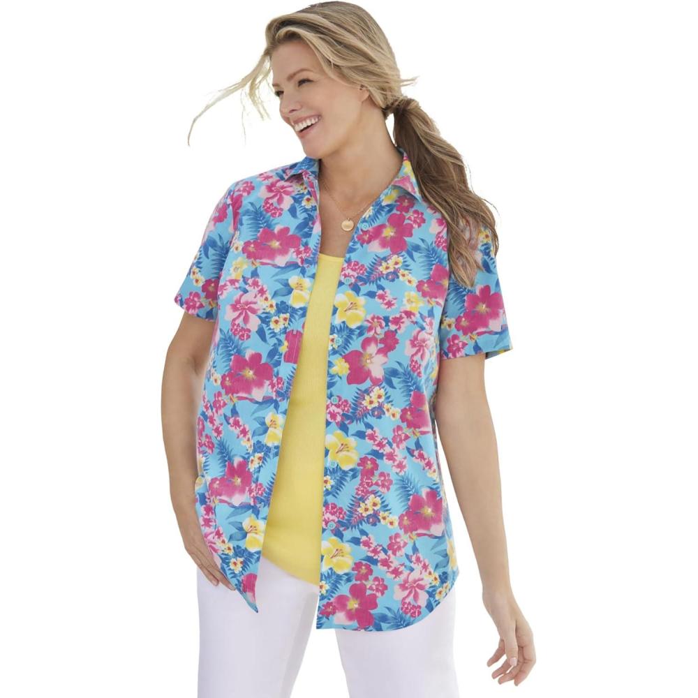 imageWoman Within Plus Size Petite Perfect Short Sleeve ShirtAzure Watercolor Flower