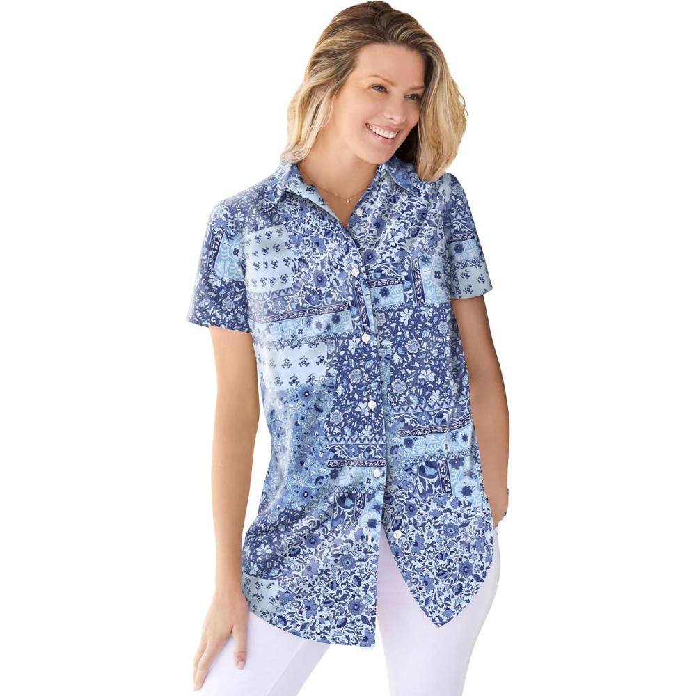 imageWoman Within Plus Size Petite Perfect Short Sleeve ShirtFrench Blue Patched Paisley
