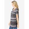 Woman Within Plus Size Short-Sleeve Pintucked Henley Tunic(Black Patchwork Stripe)