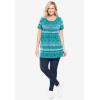 Woman Within Plus Size Short-Sleeve Pintucked Henley Tunic(Navy Pink Garden Border)